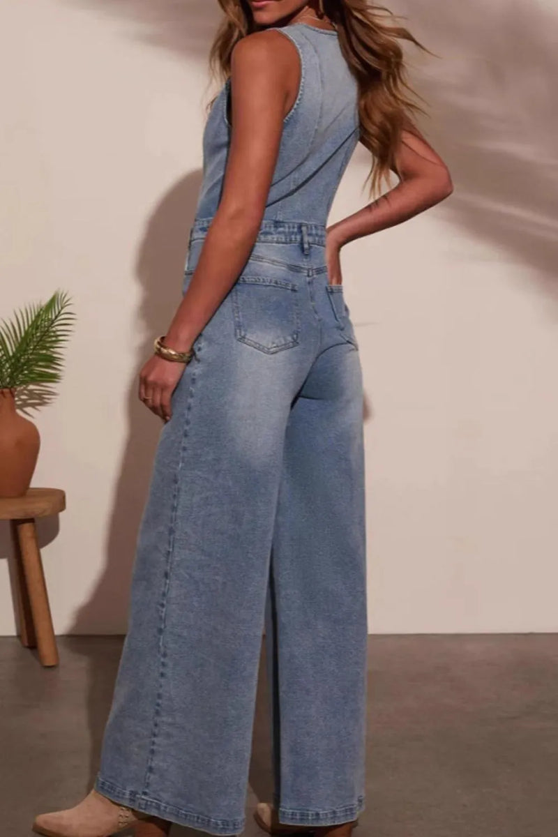 V-neck Wide Leg Denim Jumpsuit