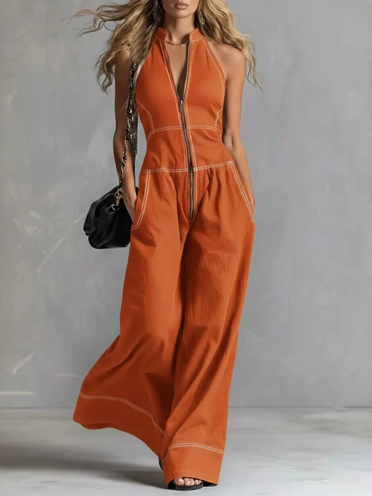Zip Front Sleeveless Wide Leg Jumpsuit