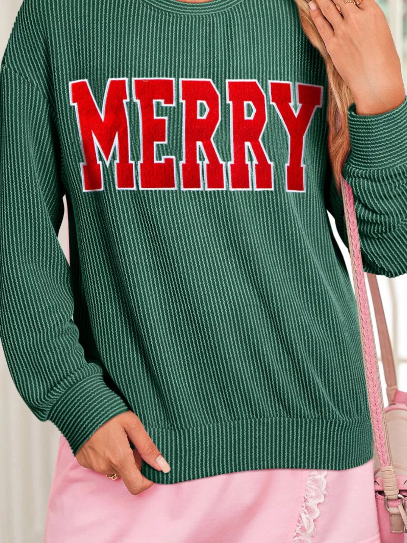 Merry Twisted Rib Christmas Loose Long Sleeve Top