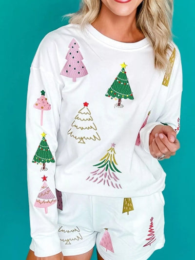 Christmas Tree Round Neck Top and Shorts Set