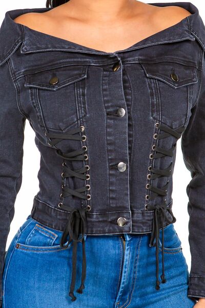 Trendy Off-Shoulder Lace-Up Denim Jacket for Chic Layering