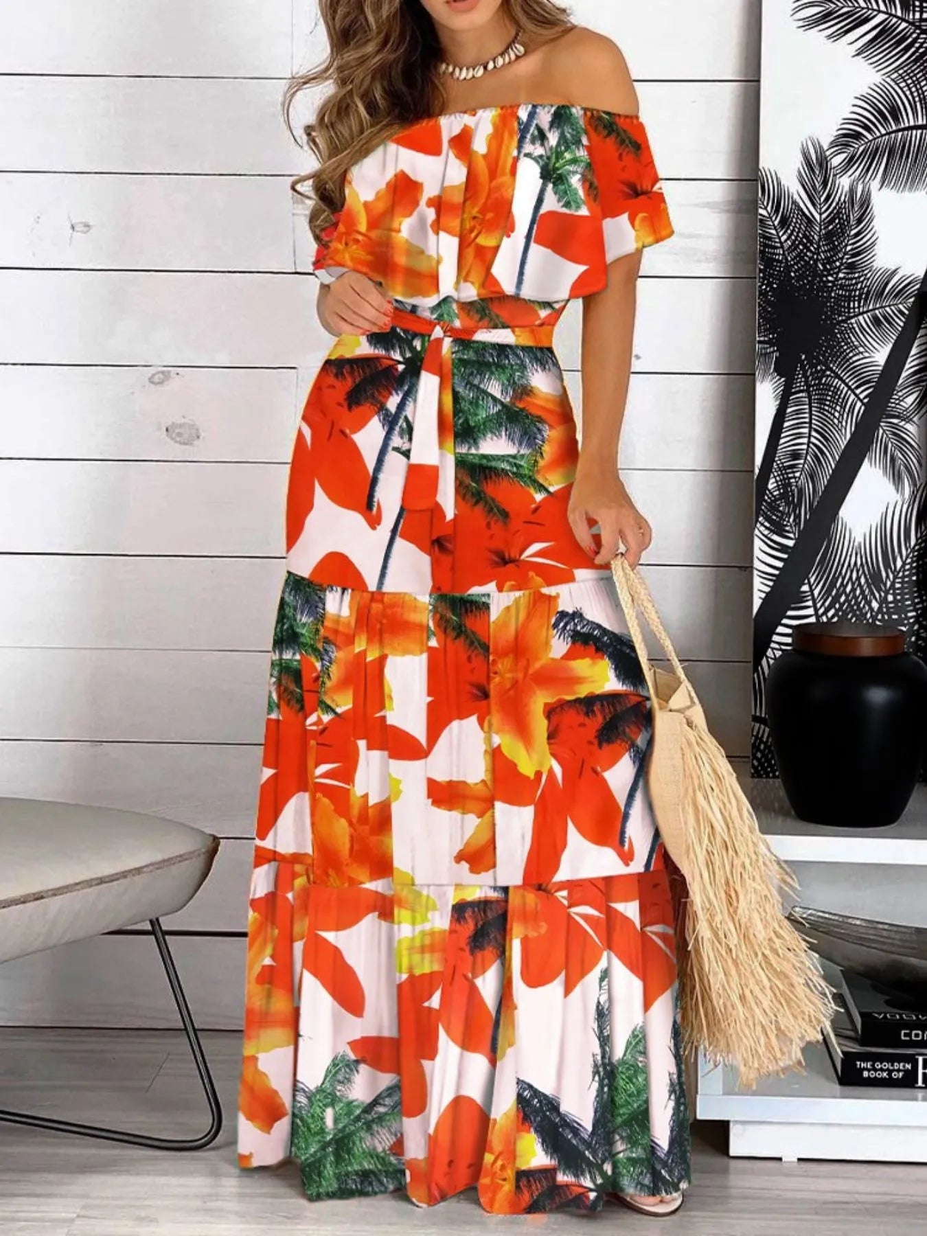 Printed Off Shoulder Maxi Dress