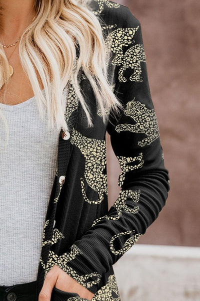 Stylish Animal Pattern Ribbed Long Sleeve Cardigan