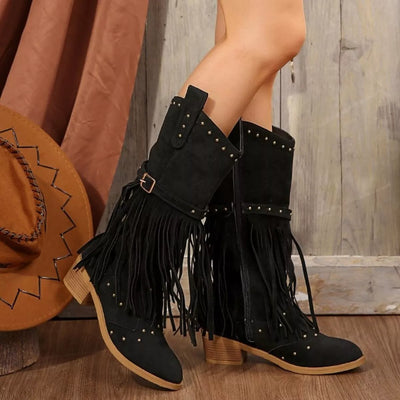 Fringe Point Toe Block Heels Boots