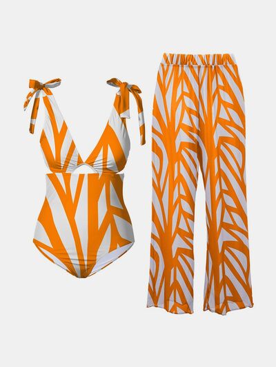 FAM-FAM Printed Tie Shoulder Swimwear and Pants Set