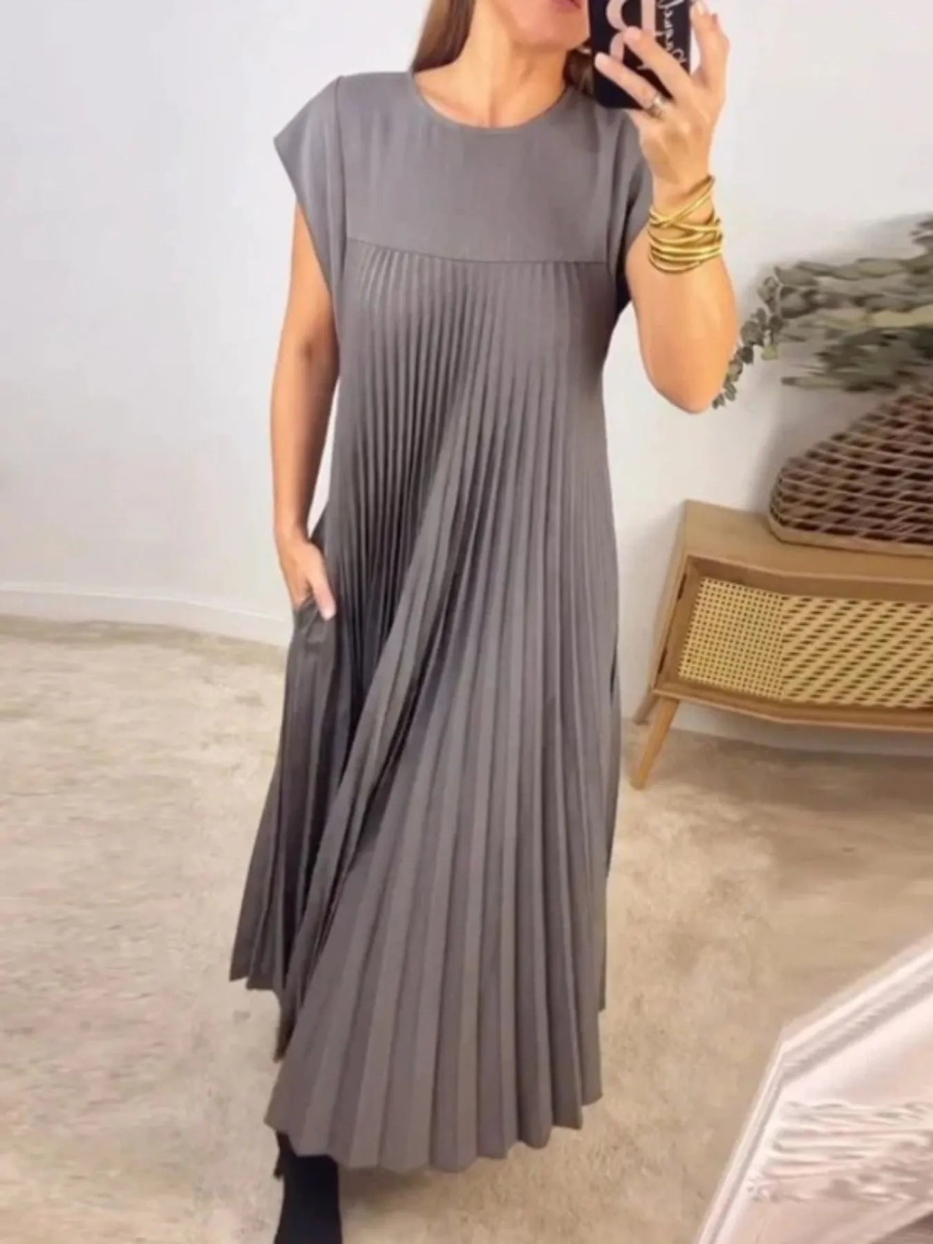 Full Size Pleated Round Neck Maxi Dress Plus Size