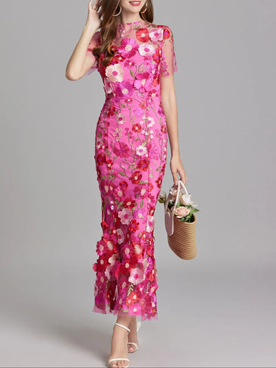 Floral Embroidered Mesh Overlay Maxi Dress
