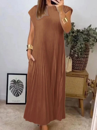 Full Size Pleated Round Neck Maxi Dress Plus Size
