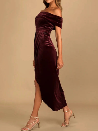 Off-Shoulder Wrap Dress with Side Slit