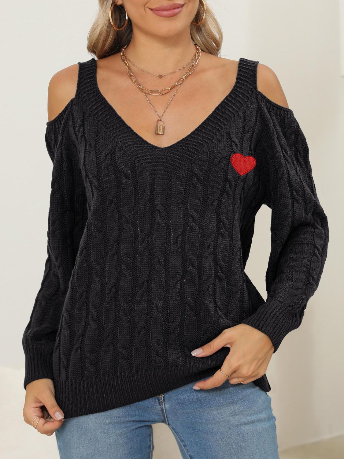 Cozy Cable-Knit Heart V-Neck Sweater with Chic Cutouts