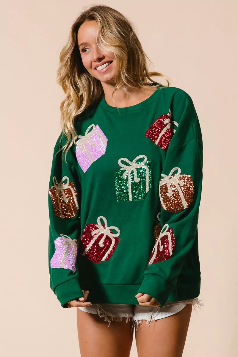 BiBi Sequin Christmas Gift Box Embroideries Pullover