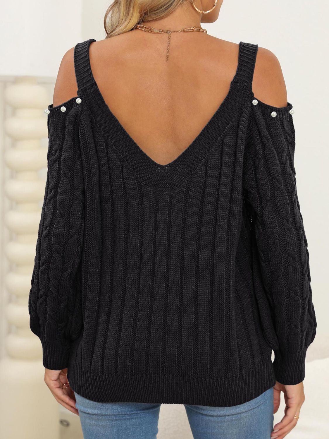Women's Fashion Cable-Knit Cold Shoulder Sweater