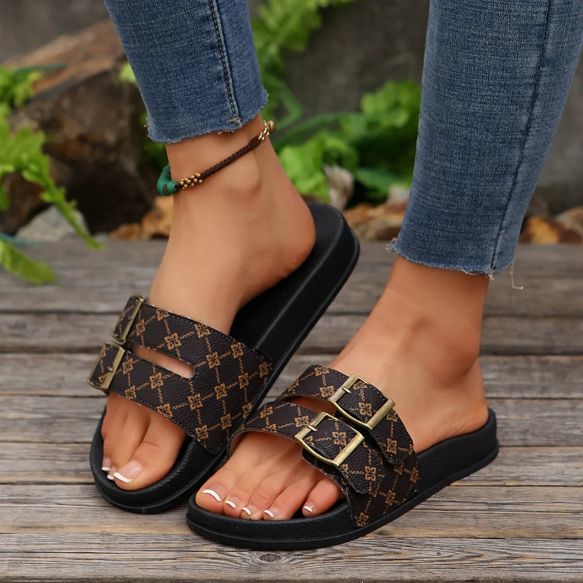 Open Toe Double Buckle Sandals