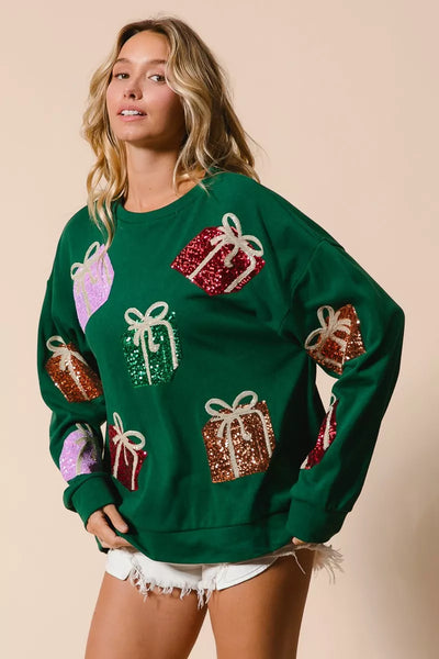 BiBi Sequin Christmas Gift Box Embroideries Pullover