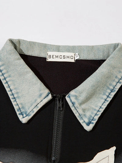 Men's Denim Collar Star Patch Short Sleeve Polo