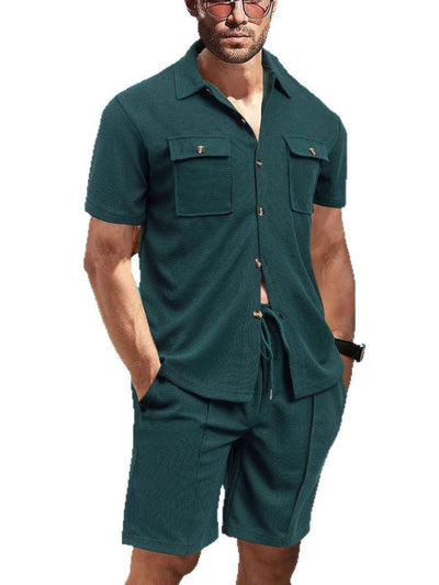Men's Full Size Button Down Short Sleeve Top and Shorts Set Plus Size for Summer Style