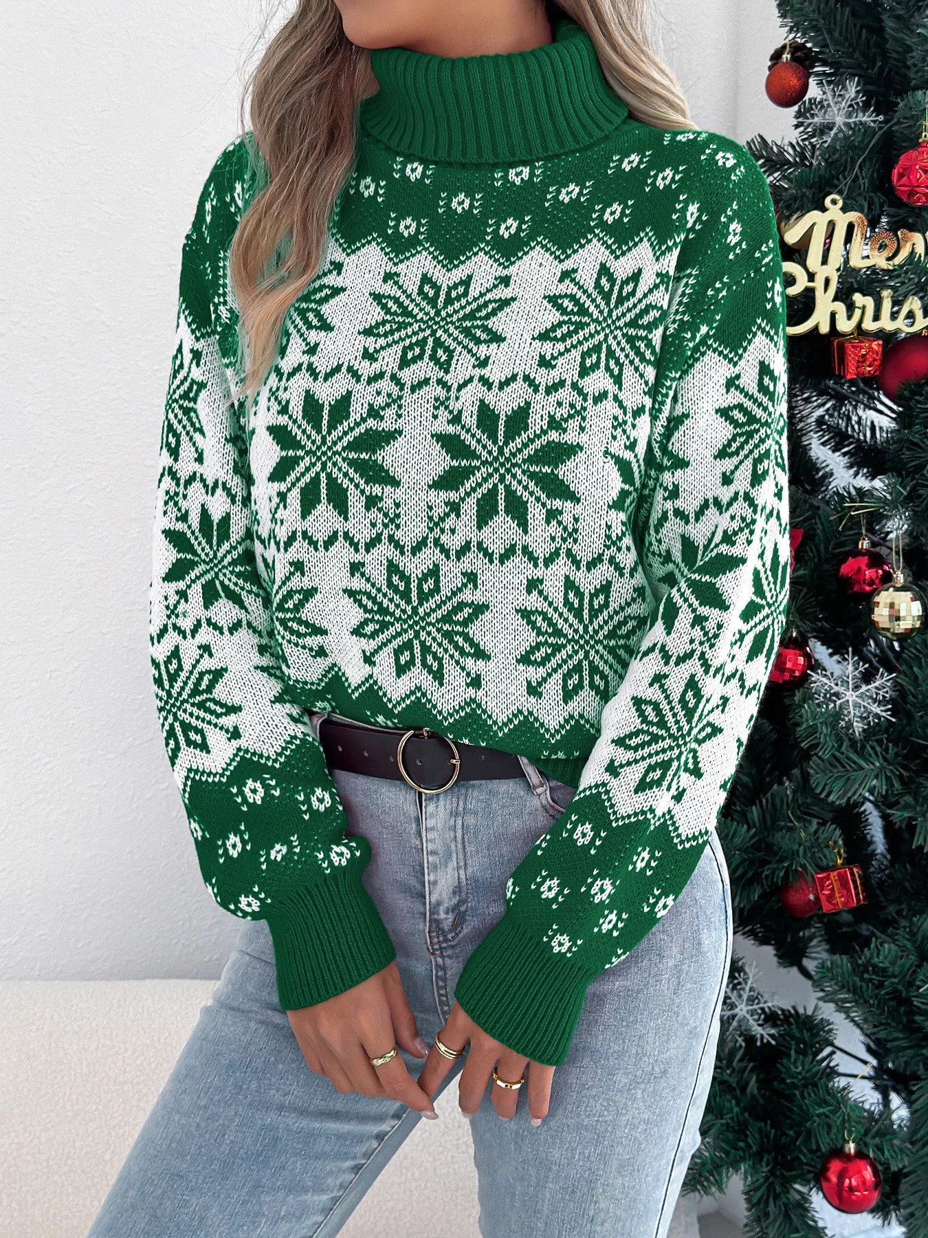 Christmas Snowflake Turtleneck Long Sleeve Sweater