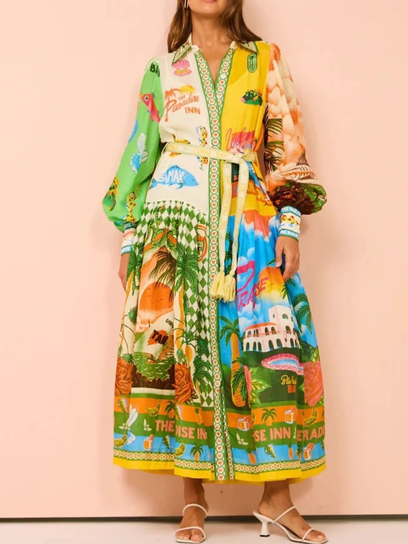 Printed Lantern Sleeve Midi Shirt Dress