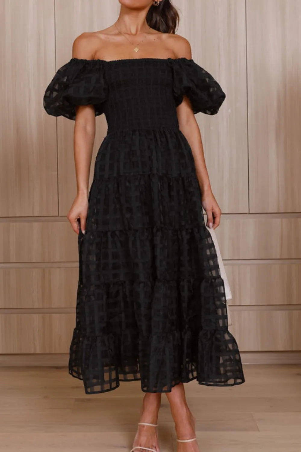 Off Shoulder Short Puff Sleeve Midi Dress