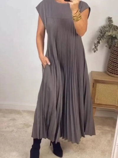 Full Size Pleated Round Neck Maxi Dress Plus Size