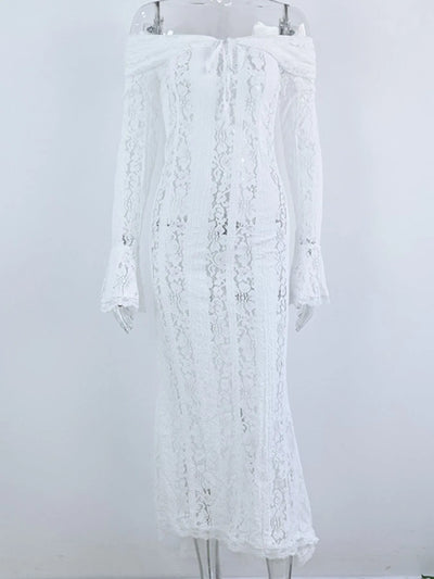 Lace Off-Shoulder Flounce Sleeve Maxi Dress