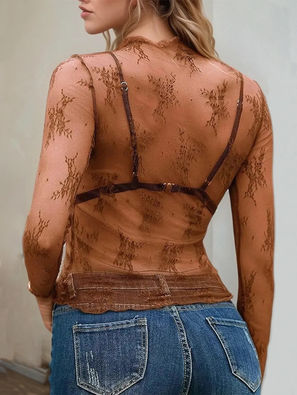 Floral Mock Neck Long Sleeve Mesh Top