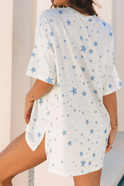 Stars Print Drop Shoulder Oversized T Shirt with Slits