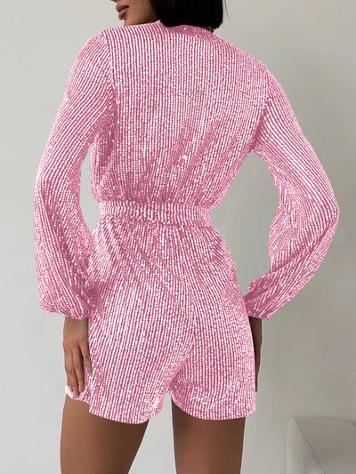 Full Size Sequin Surplice Tie Waist Long Sleeve Romper