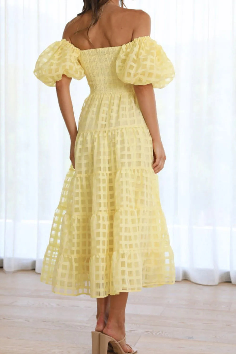 Off Shoulder Short Puff Sleeve Midi Dress