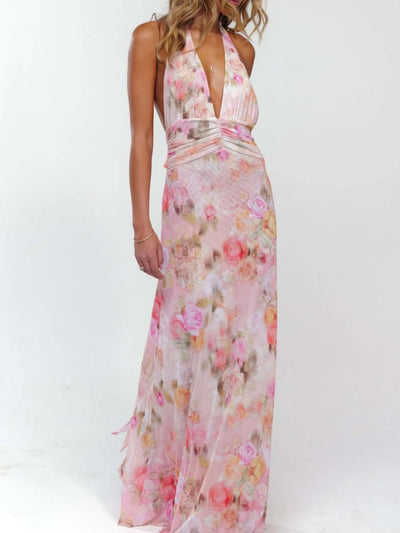 Floral Halter Neck Deep V Maxi Dress