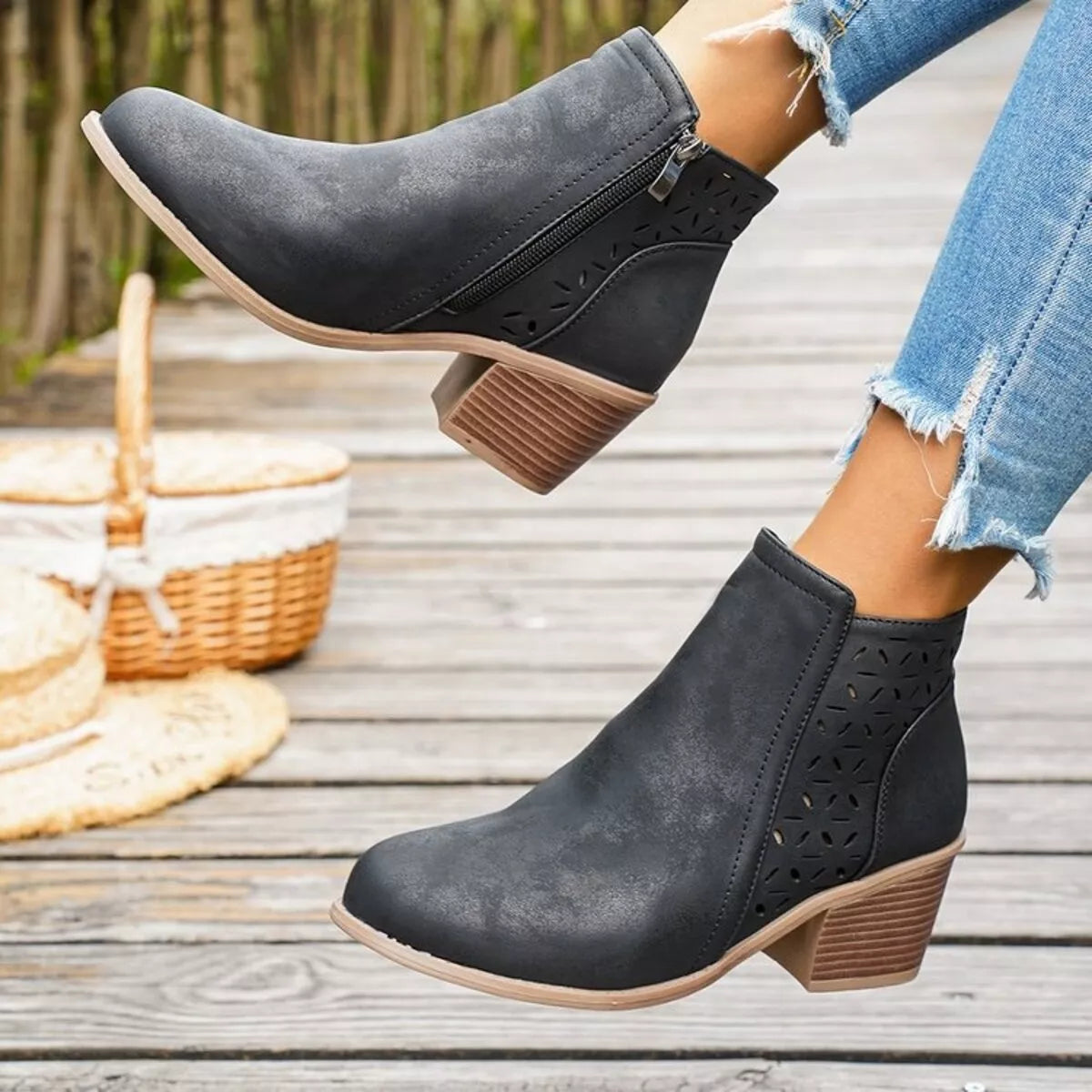 Block Heel Ankle Boots with Cutout Detail
