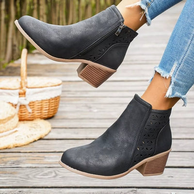 Block Heel Ankle Boots with Cutout Detail