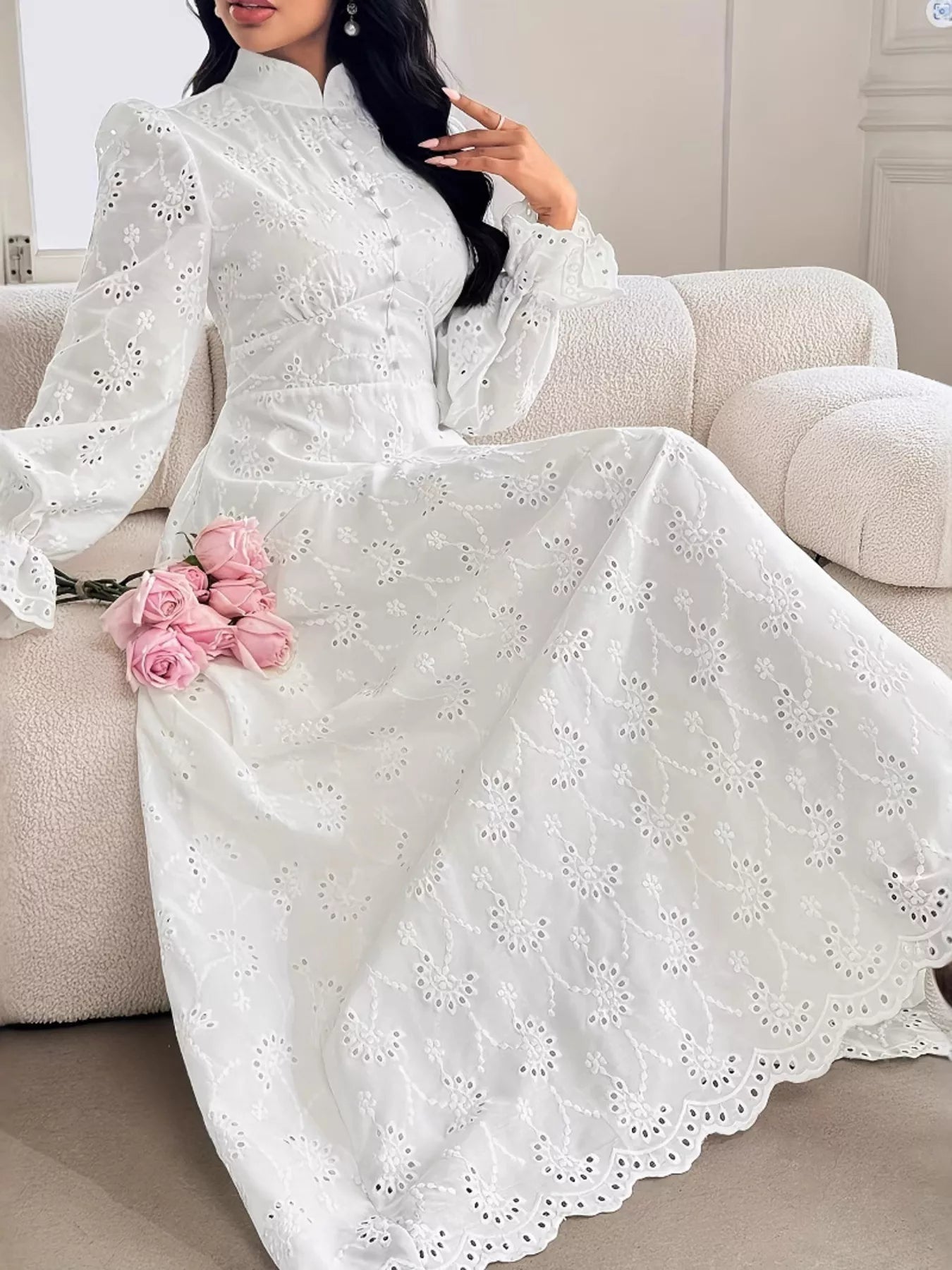 Eyelet Flounce Sleeve Maxi Dress