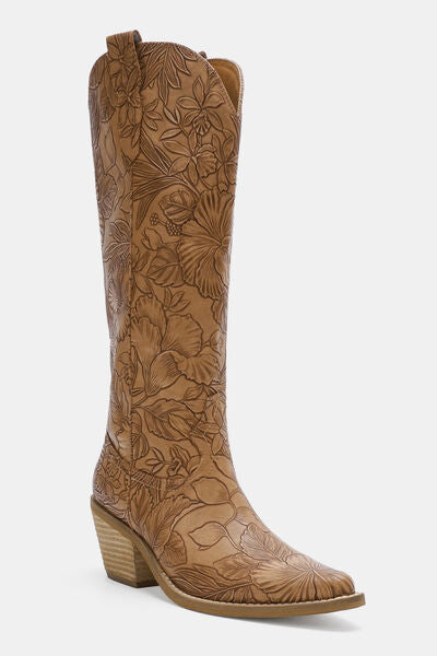 Women's Fashion Embossed Floral Block Heel Boots