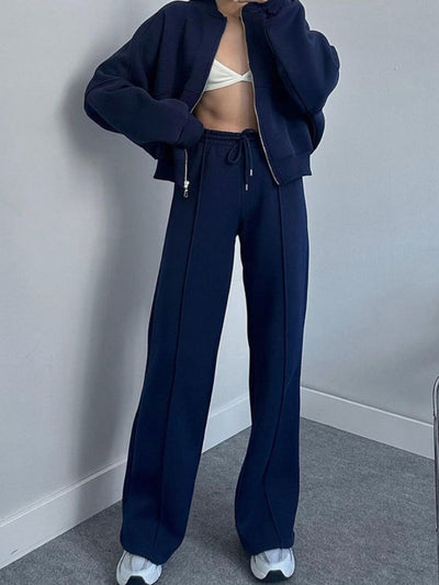 Casual Baseball Collar Zip Top & Drawstring Pants Set