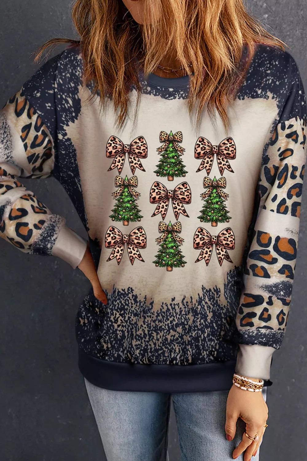 Christmas Tree & Leopard Bow Round Neck Sweatshirt