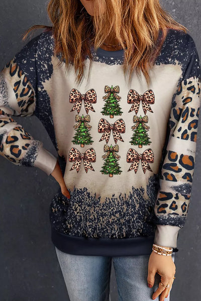 Christmas Tree & Leopard Bow Round Neck Sweatshirt
