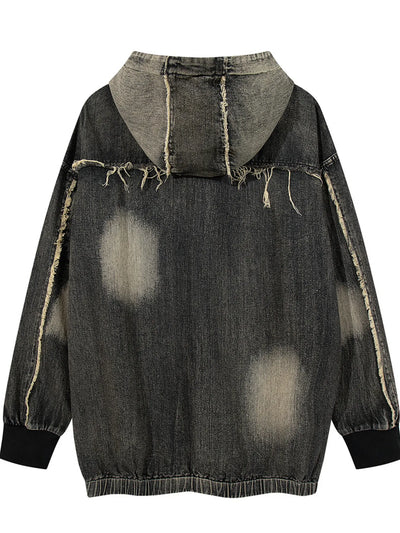 Men's Distressed Denim Patchwork Oversized Hoodie with Frayed Details