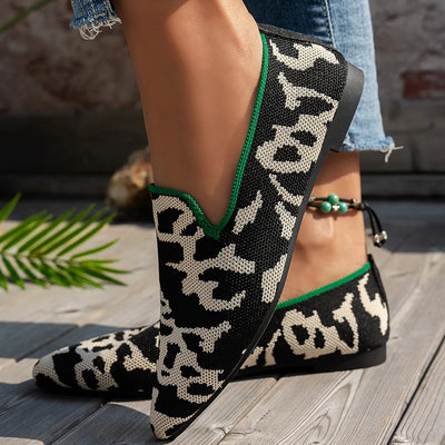 Point Toe Animal Print Knit Slip-On Loafers with Contrast Trim