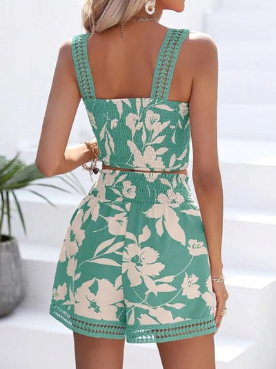 Smocked Printed Square Neck Top and Shorts Set