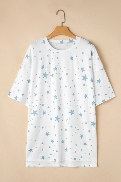 Stars Print Drop Shoulder Oversized T Shirt with Slits