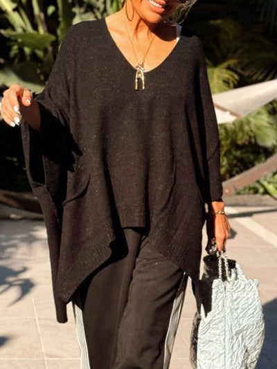 Ribbed Hem V-Neck Sweater