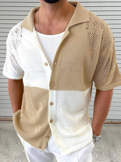 Men's Contrast Button Down Hollow Out Shirt for Stylish Comfort