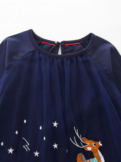 Children's Christmas Santa & Reindeer Embroidered Tulle Dress