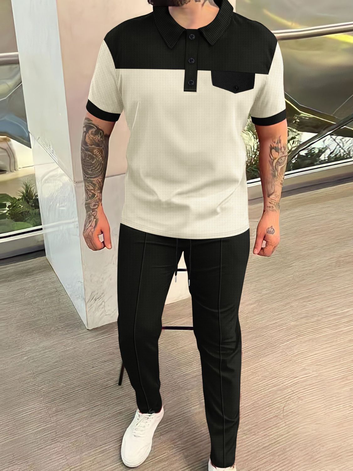 Men's Full Size Waffle-Knit Contrast Top and Pants Set Plus Size