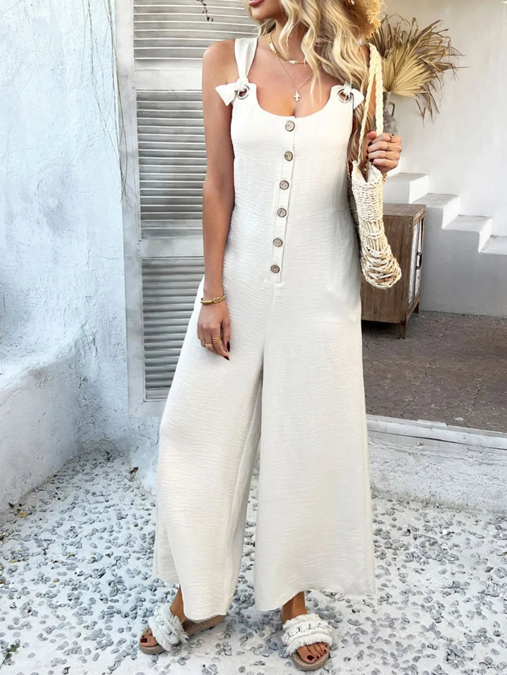 Devine Button Front Knotted Strap Wide Leg Jumpsuit