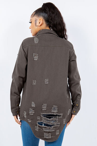 Trendy Distressed Denim Jacket with Button-Up Front