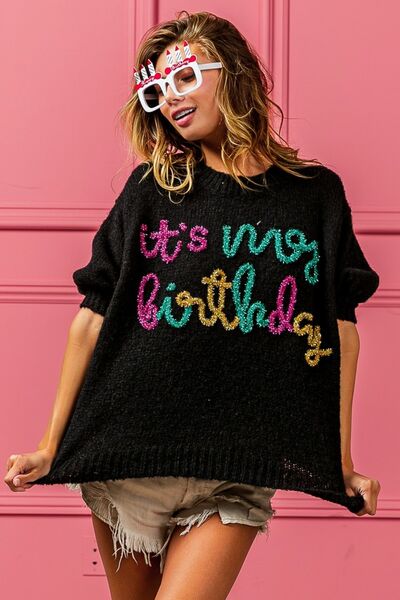 Cozy BiBi Metallic Letter Puff Sleeve Hairy Sweater