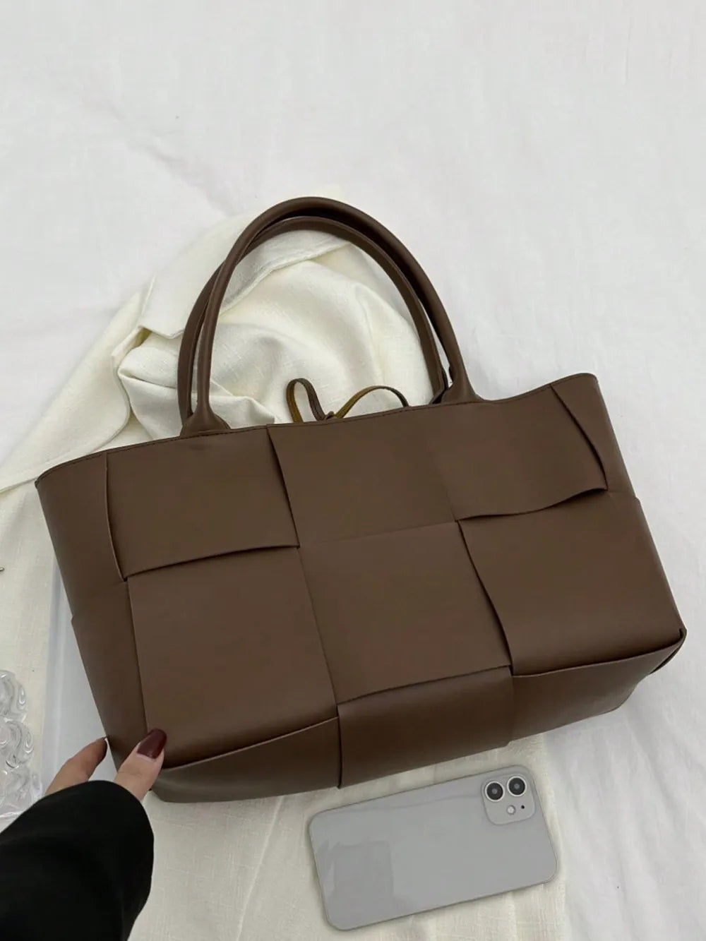 PU Leather Woven Handbag and Clutch Set