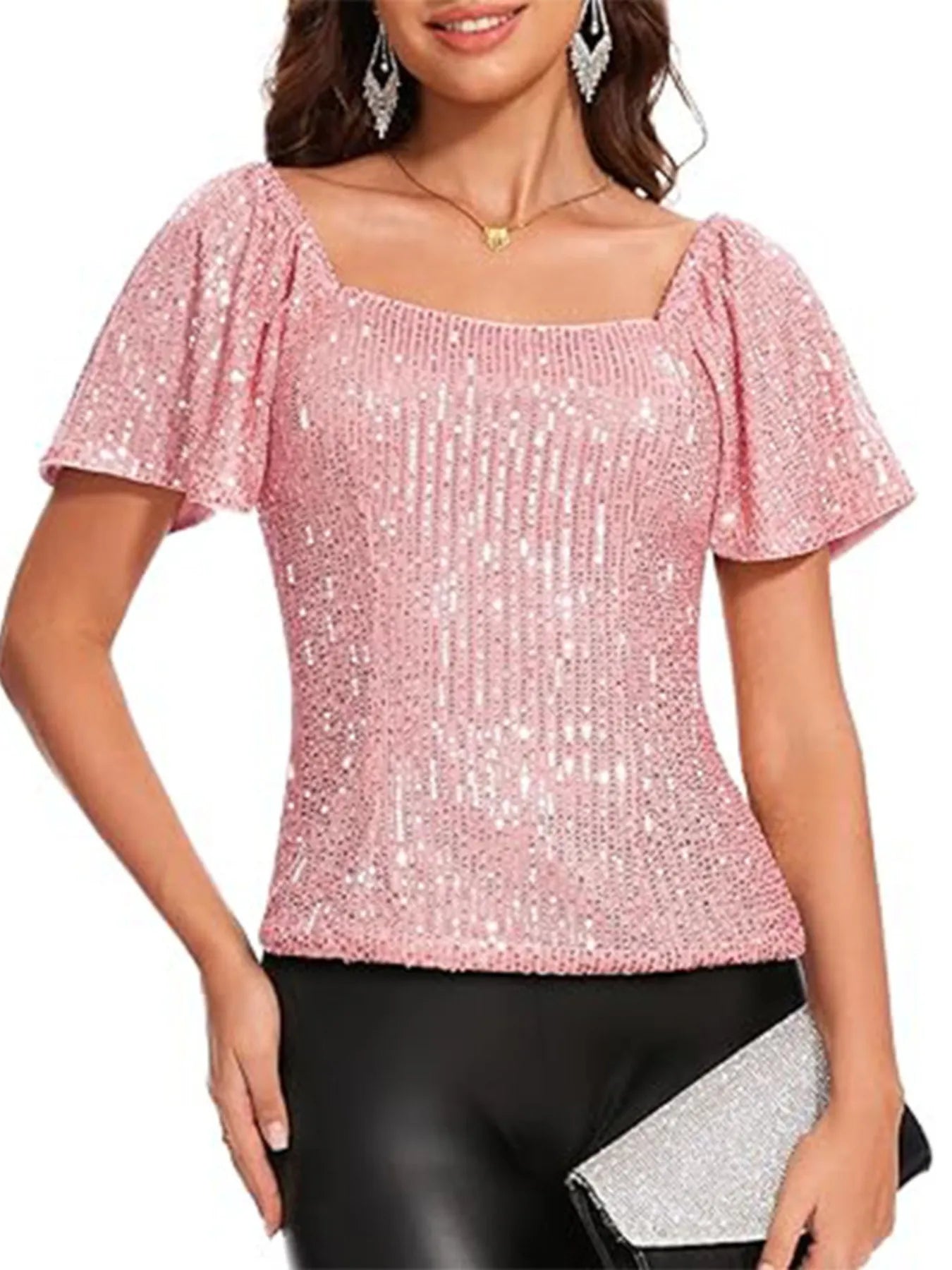 Square Neck Sequin Short Sleeve Blouse